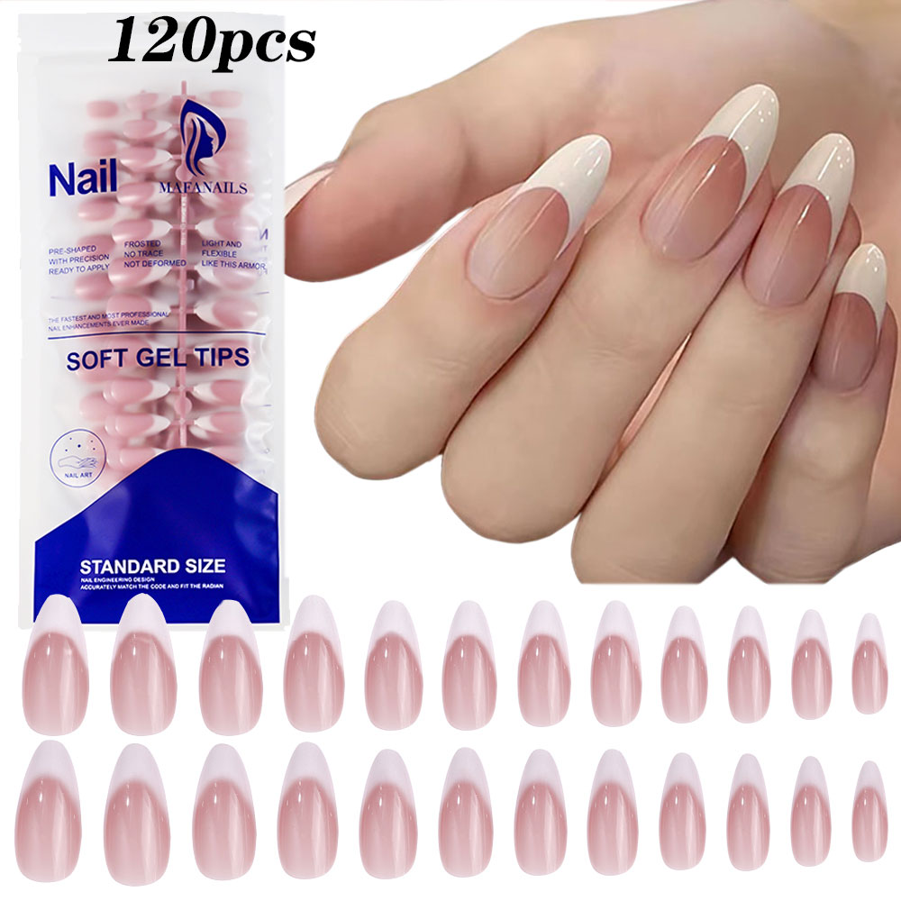 Nail Art Pink - フレンチピンクの偽の爪,ミディアムアーモンド,グラデーションデザイン,白,フルカバー,アクリルジェル,120個