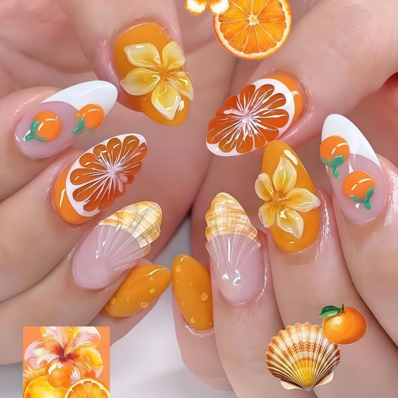 Nail Art Orange - 2026年新作 30枚入り 3Dフルーツオレンジ ウェアラブルアーマー オレンジグラデーションネイルアート フェイクネイル