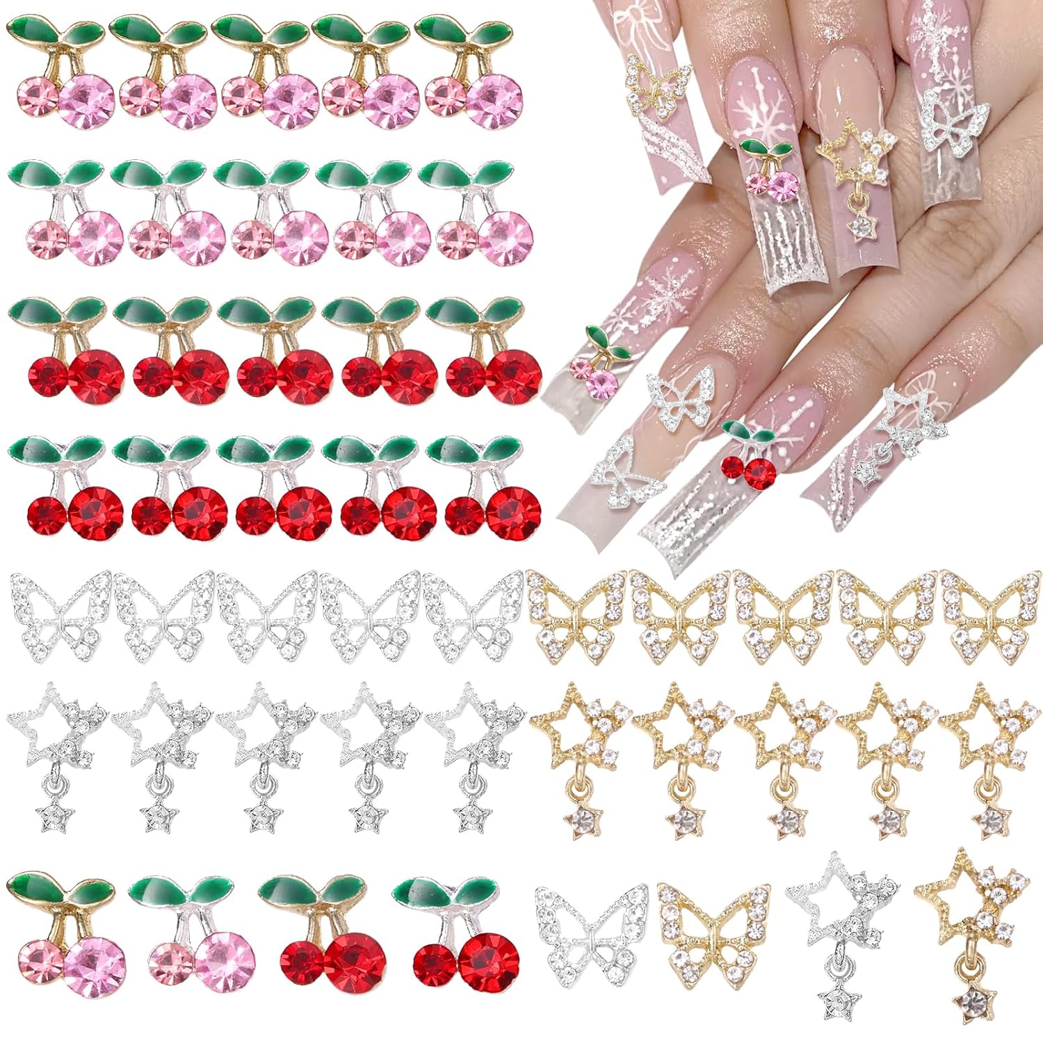 40個 合金ネイルジェムチャーム シルバーゴールド 3Dバタ - Nail Art Valentines Day のレビューと価格