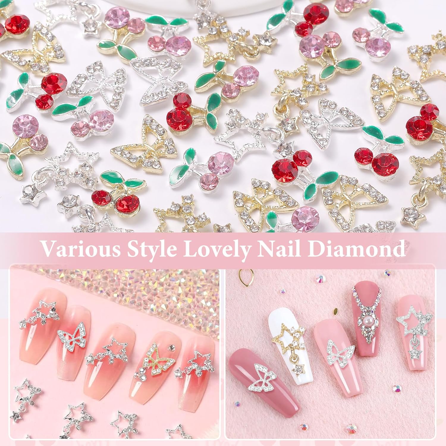 40個 合金ネイルジェムチャーム シルバーゴールド 3Dバタ - Nail Art Valentines Day のレビューと価格
